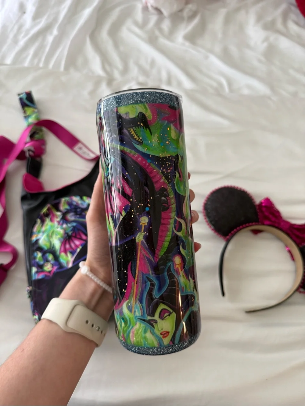 Disney Maleficent Neon Dragon Crossbody Water Bottle Bag and Ear Headband Set